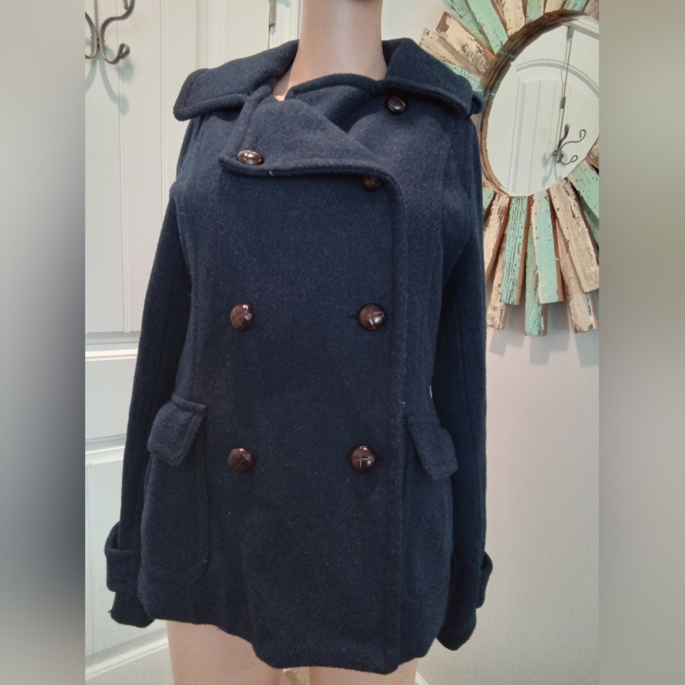 American Eagle Outfitters Sz M Navy Blue Wool Blend Double Breasted Pea Coat